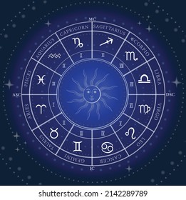 Drawing of astrology wheel with zodiac signs and sun in center on blue galaxy background. Horoscope, astrology, star signs concept. Vector illustration.