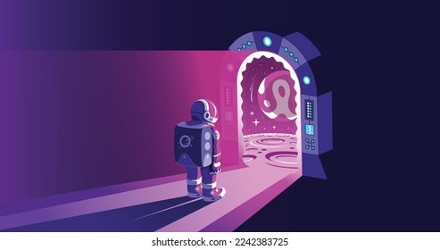 Drawing of astronaut entering open door gate into new dimension in moon surface.