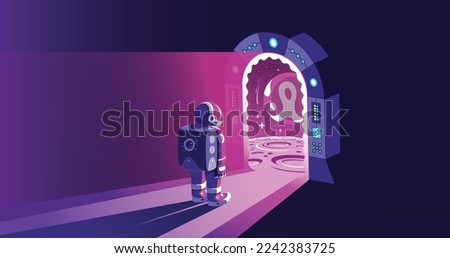 Drawing of astronaut entering open door gate into new dimension in moon surface.