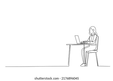 Drawing of attractive businesswoman in glasses sitting at the table One line art
