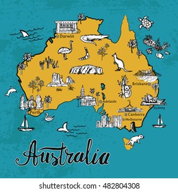 Drawing Australia Vector Map. Hand Drawn Map Of Australian Continent With Sketch Elements. Unique Touristic Sightseeing Map.