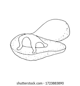 Drawing avocado with sauce for the design of postcards, posters, recipes. Vector illustration on a white background.
