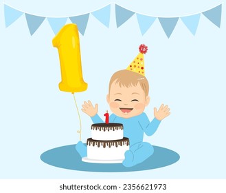 Drawing of baby boy with 1st birthday cake celebrating first anniversary on blue color background. Happy child vector illustration enjoying and having fun eating cake with balloon shaped