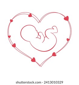 Drawing of a baby embryo in a heart with hearts around it. Newborn baby icon, postcard, vector
