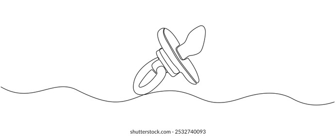 Drawing of baby soother with one continuous line. Baby pacifier in single line art style. Simple editable vector illustration