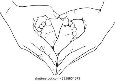 A drawing of a baby's feet and the hands of a mother and father