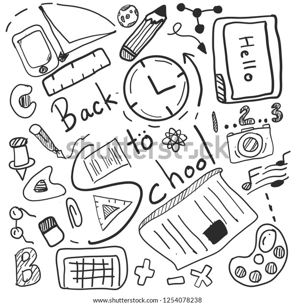 Drawing Back School Items Back School Stock Vector Royalty Free