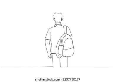 Drawing of back view young student walking to the university. Single continuous line art style
