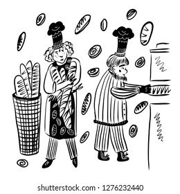 drawing background, baker and his student bake bread in the oven, sketch, hand-drawn animated digital vector illustration. good for prints and articles