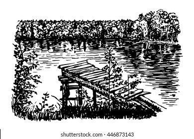 drawing background beautiful view of the clear forest lake and wooden footbridge hand-drawn ink sketch graphics vector illustration