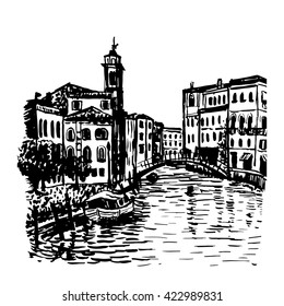 drawing background cityscape view of the lagoon, the ships and the city around, in Venice, Italy, hand-drawn sketch graphic black vector illustration