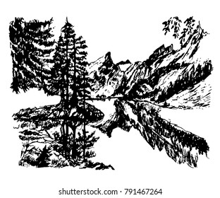 drawing background landscape beautiful mountain lake in the middle of a coniferous forest, sketch, hand-drawn vector illustration