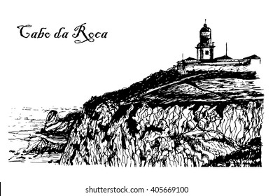 Drawing background landscape view of the Lighthouse at Cabo da Roca in Sintra, Portugal, sketch, ink, graphic vector illustration