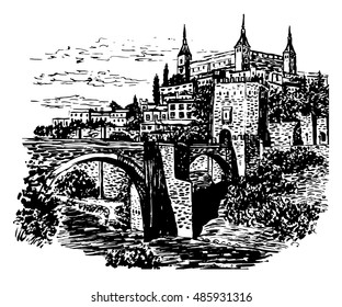 drawing background landscape view of the Tagus river, bridge and castle in the city of Toledo, Spain, sketch hand drawn vector illustration