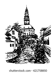 drawing background landscape view of the town hall and the Vltava River in the town of Cesky Krumlov in the Czech Republic, sketch graphics hand drawn vector illustration