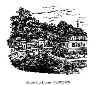 drawing background landscape view of the Vltava river and buildings in Cesky Krumlov, Czech Republic, sketch hand drawn vector illustration