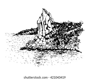drawing background view of the rock Cat in the Black Sea in Simeiz, ink sketch graphics vector illustration