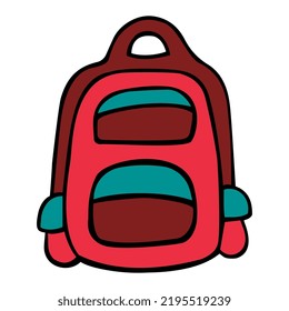 Zeichnung eines Rucksacks im Stil eines Doodles. Zubehör und Ausrüstung für Picknick, Reisen. Handgezeichnete Vektorgrafik einzeln auf weißem Hintergrund.