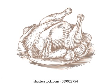Drawing baked chicken and vegatables the brown plate