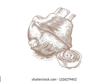 Drawing of baked pork knuckle with mustard in the sauceboat