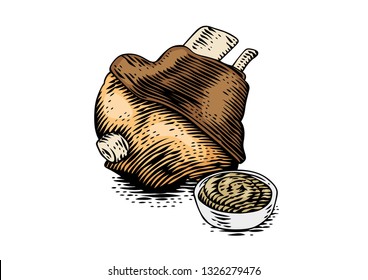 Drawing of baked pork knuckle with mustard in the sauceboat