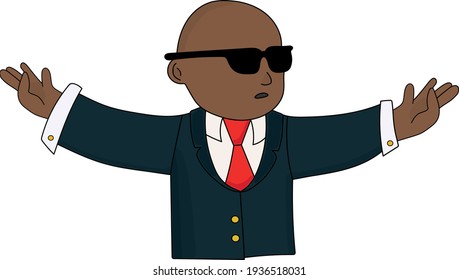 Drawing of a bald man in dark glasses with suit and open arms