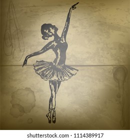 Drawing ballerina ink on old paper. Retro vector.
Stock illustration.
Logo for the ballet. Silhouette, sketch dancer.
