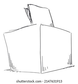 Drawing of ballot box with paper like vote in the top side over white background.