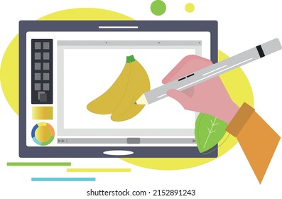Dibujando banana en el comprimido. Ilustración de software 