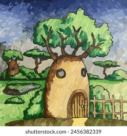 Dibujo de una casa baobab con una puerta y ventanas estilizadas trazos de dibujo. árbol de la casa de la Ilustración vectorial con la cerca y los arbustos contra el fondo de otras cabañas silvestres y campo africano