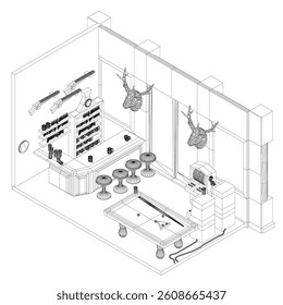 A drawing of a bar with a counter and a few stools. There are two deer heads on the wall. Isometric view