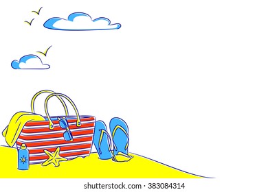 Drawing of a basket with beach accessories on sand