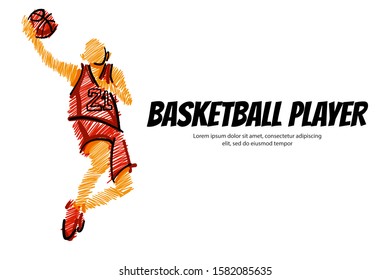 drawing of a basketball player shooting the ball illustration for sport banner sketch style with copy space