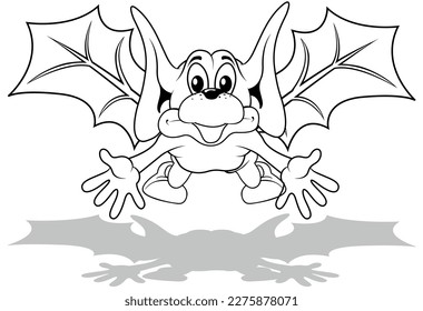 Drawing of a Bat with Outstretched Wings - Cartoon Illustration Isolated on White Background, Vector