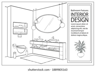 Drawing of bathroom interior. Sketch of hotel interior design. Bathroom plumbing. Vector illustration.