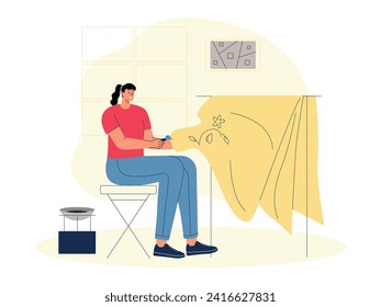 Drawing batik with hot wax melted on cloth, craft vector illustration.