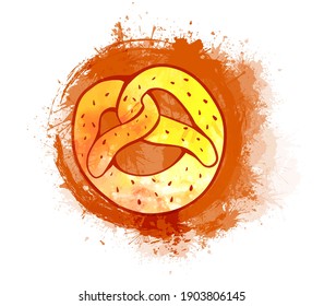 El pretzel bávaro dibujado es un regalo para las salpicaduras de las acuarelas. Batiendo bollo con rociadores. Comida alemana en el Oktoberfest. Ilustración de contorno vectorial para menú, receta, pegatina, postales y su creatividad