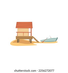 Drawing of beach hut with boat on white background. Beach house vector illustration. Summer, traveling, holidays concept