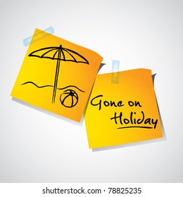 Drawing of beach umbrella on stick notes, holiday time concept, vector illustration