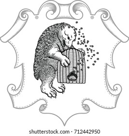 Drawing of the bear with bees and hive with a black line isolated on white background. bear in vintage old style in vector. Linear style image is isolated from background.