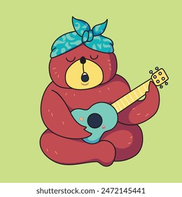 a drawing of a bear with a blue bandana on its head and a blue guitar in the background.