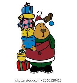 drawing of bear carrying a lot gift box for celebrate christmas