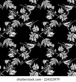 Drawing of beautiful birds and flowers seamless pattern on black background vector illustration
