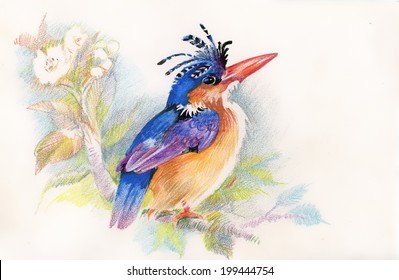 Drawing of beautiful bright bird and flowers vector 