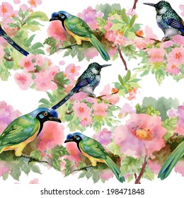 Drawing of beautiful bright birds and flowers seamless pattern vector 