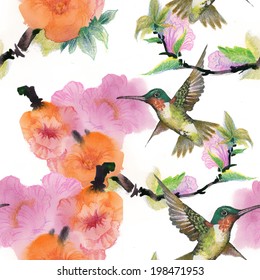 Drawing of beautiful bright birds and flowers seamless pattern vector