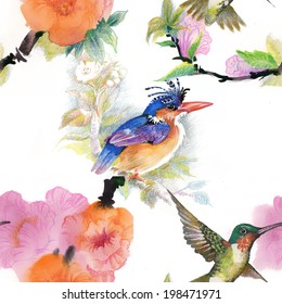 Drawing of beautiful bright birds and flowers seamless pattern vector