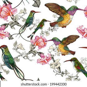 Drawing of beautiful bright birds and flowers seamless pattern vector 