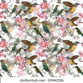 Drawing of beautiful bright birds and flowers seamless pattern vector 