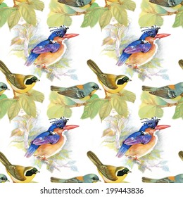 Drawing of beautiful bright birds and flowers seamless pattern vector